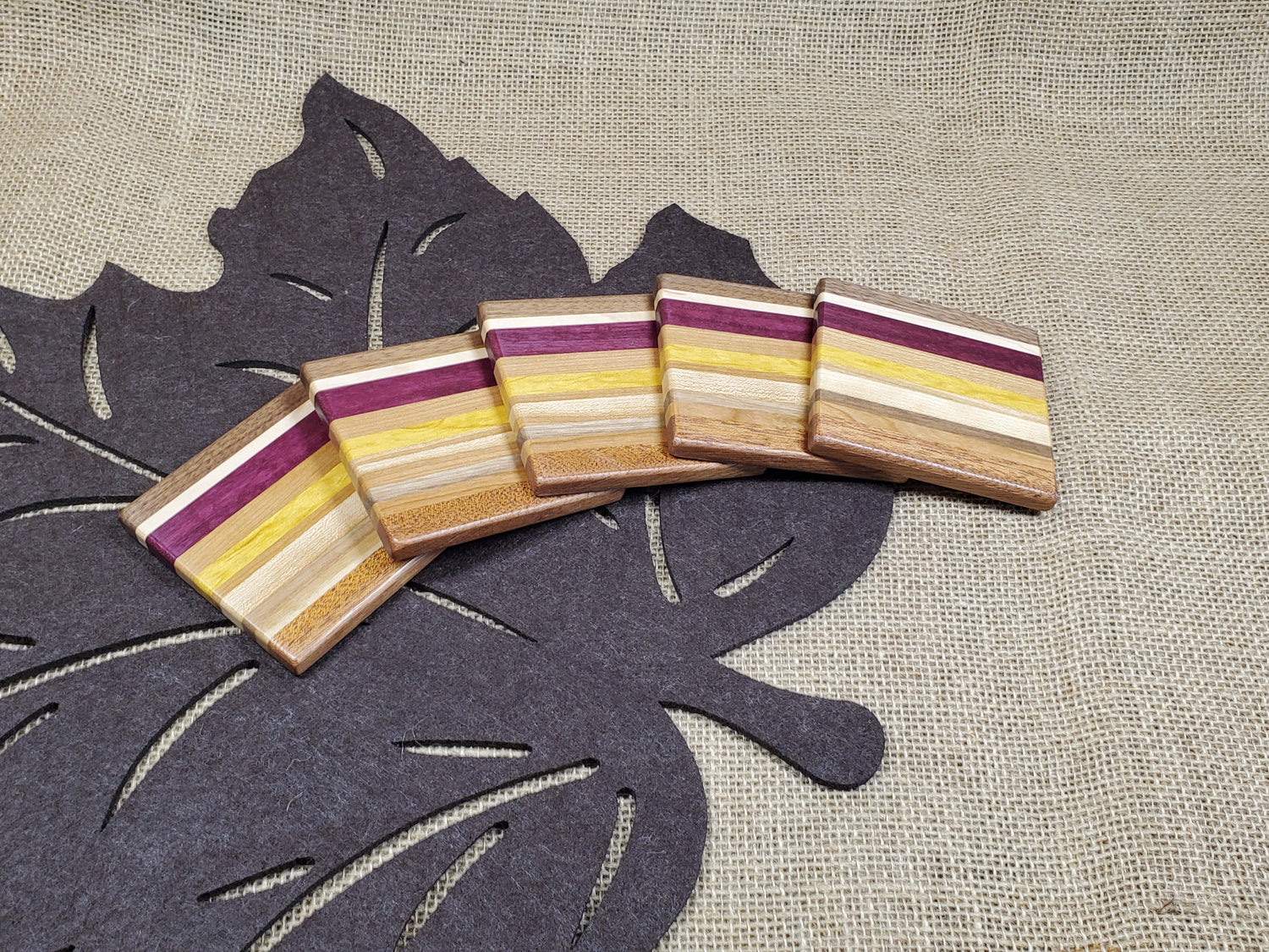 5pc Coaster Set- Cherry, Walnut, Maple, Mahogany, Purpleheart & Yellowheart image 0