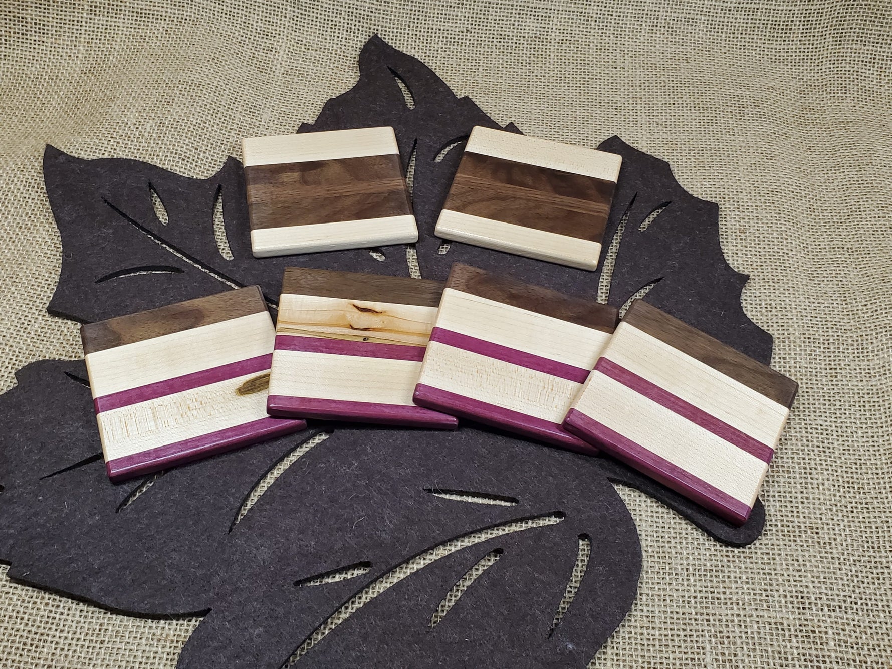 6pc Coaster Set- Maple, Walnut & Purpleheart image 0