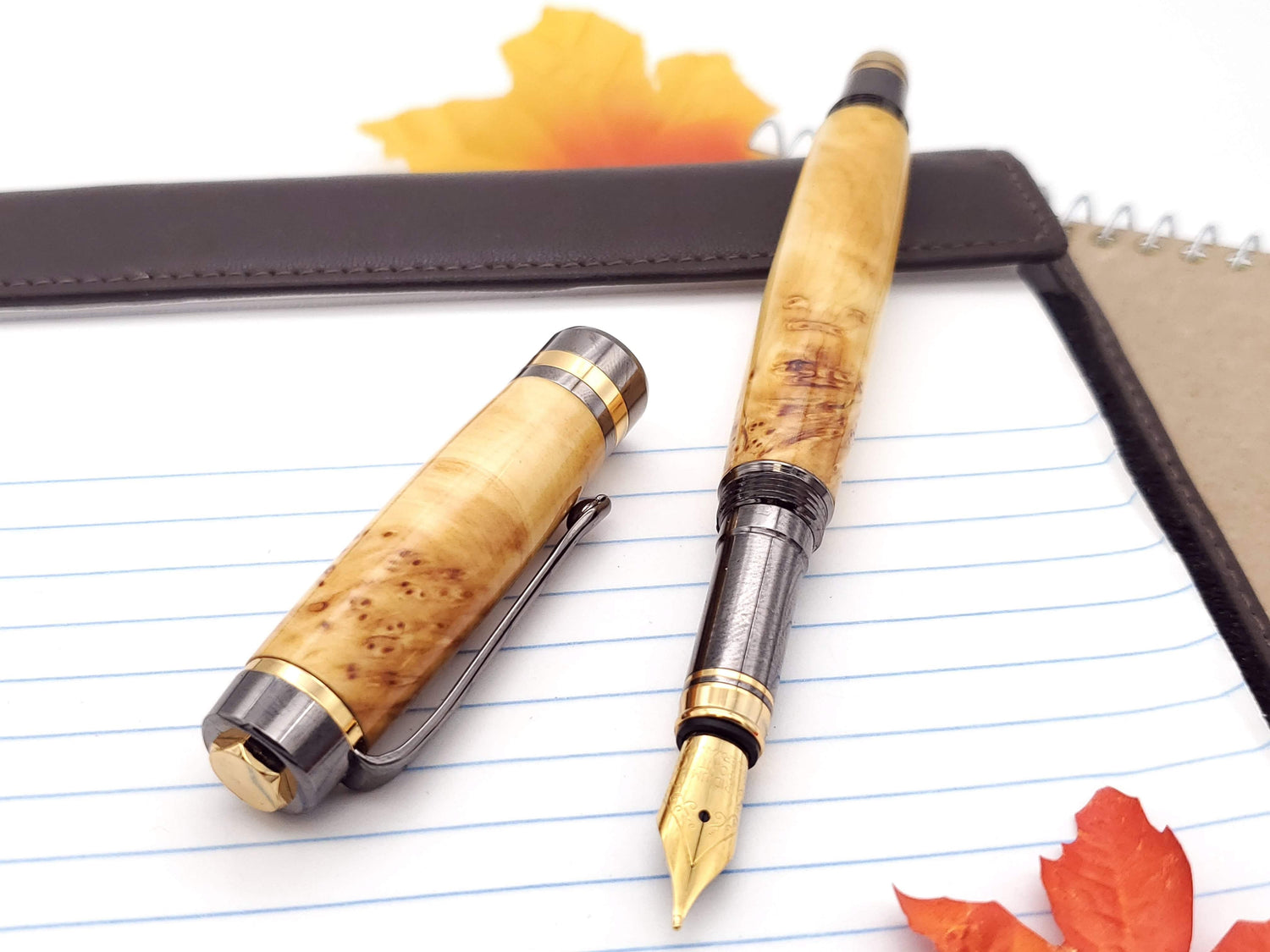 Classic Elite2 24k Gold & Gun Metal Fountain Pen | Yellow Cedar Burl Hardwood image 0
