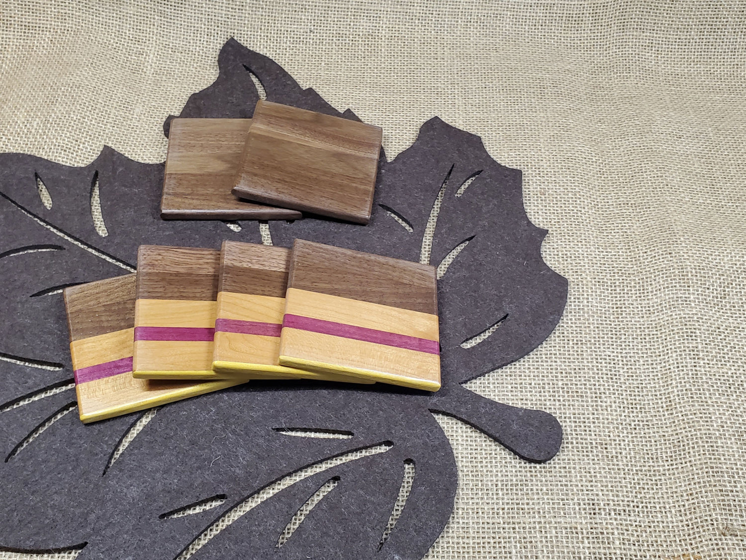 6pc Coaster Set- Walnut, Cherry, Purpleheart & Yellowheart image 0