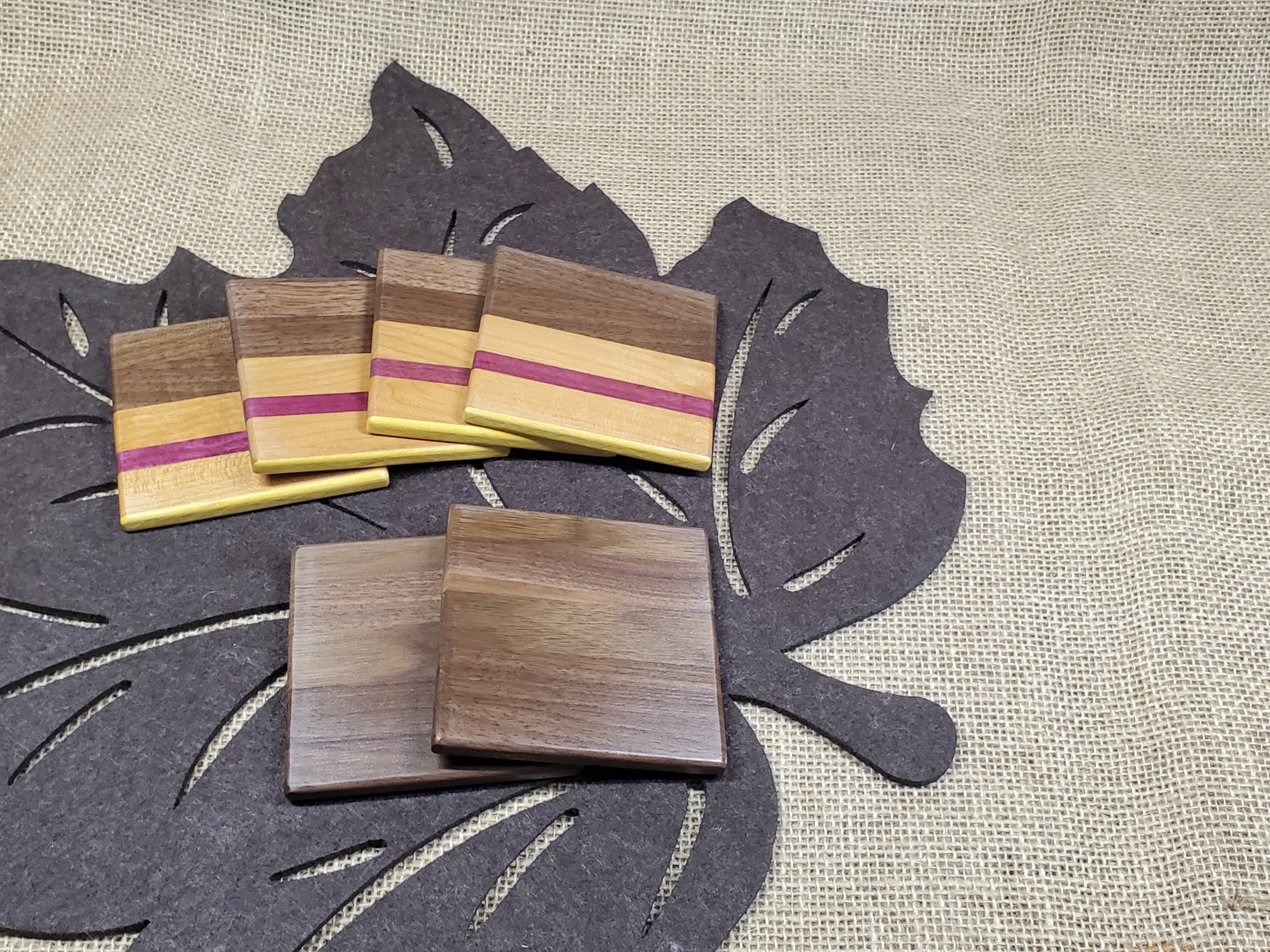 6pc Coaster Set- Walnut, Cherry, Purpleheart & Yellowheart image 1