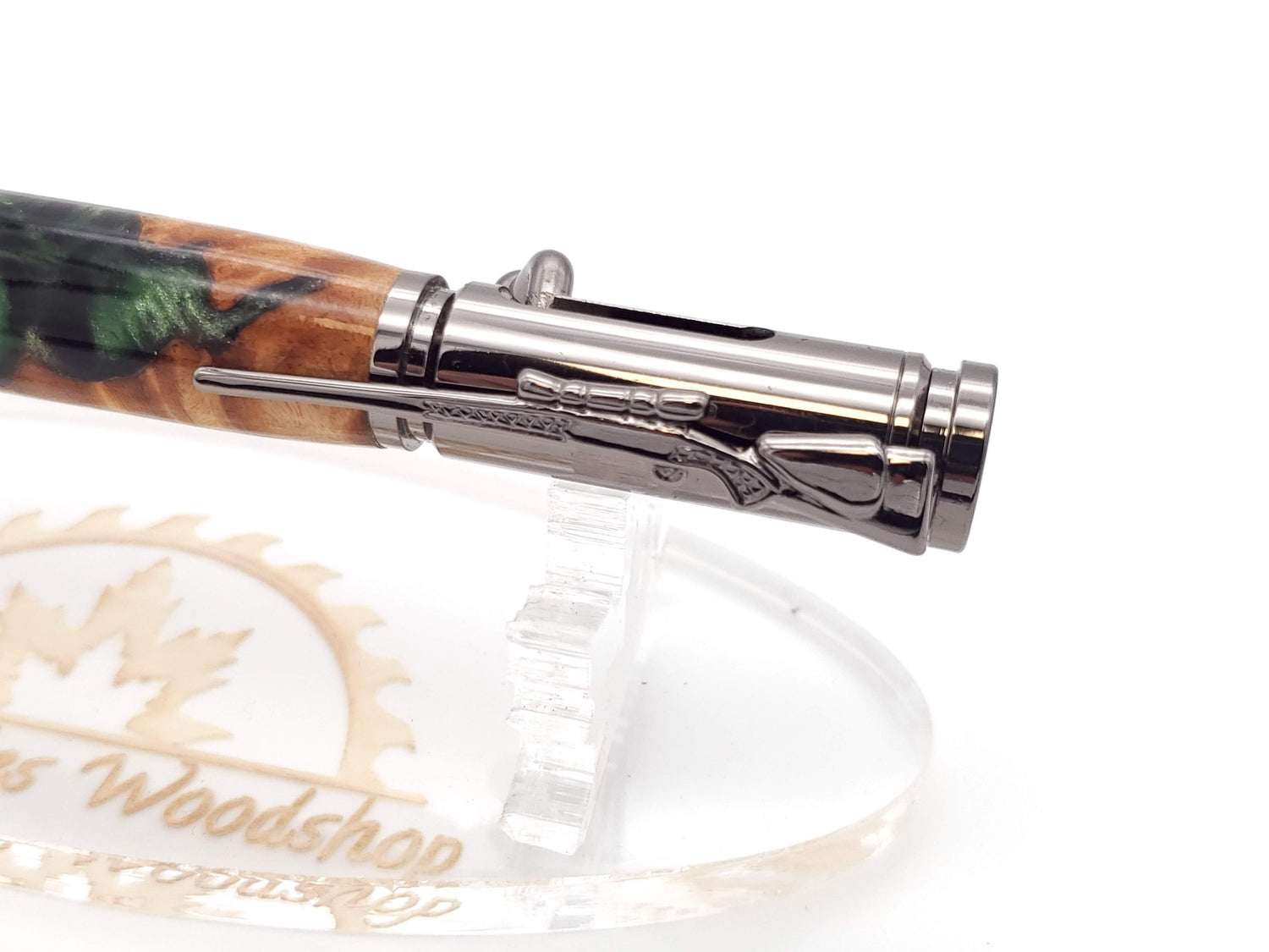 Maple Burl & Green Resin Bolt Action Ballpoint Pen image 1