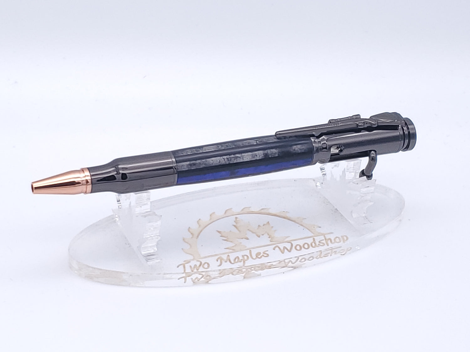 Thin Blue Line Bolt Action 30 Cal Ballpoint Pen in Gun Metal Finish image 2