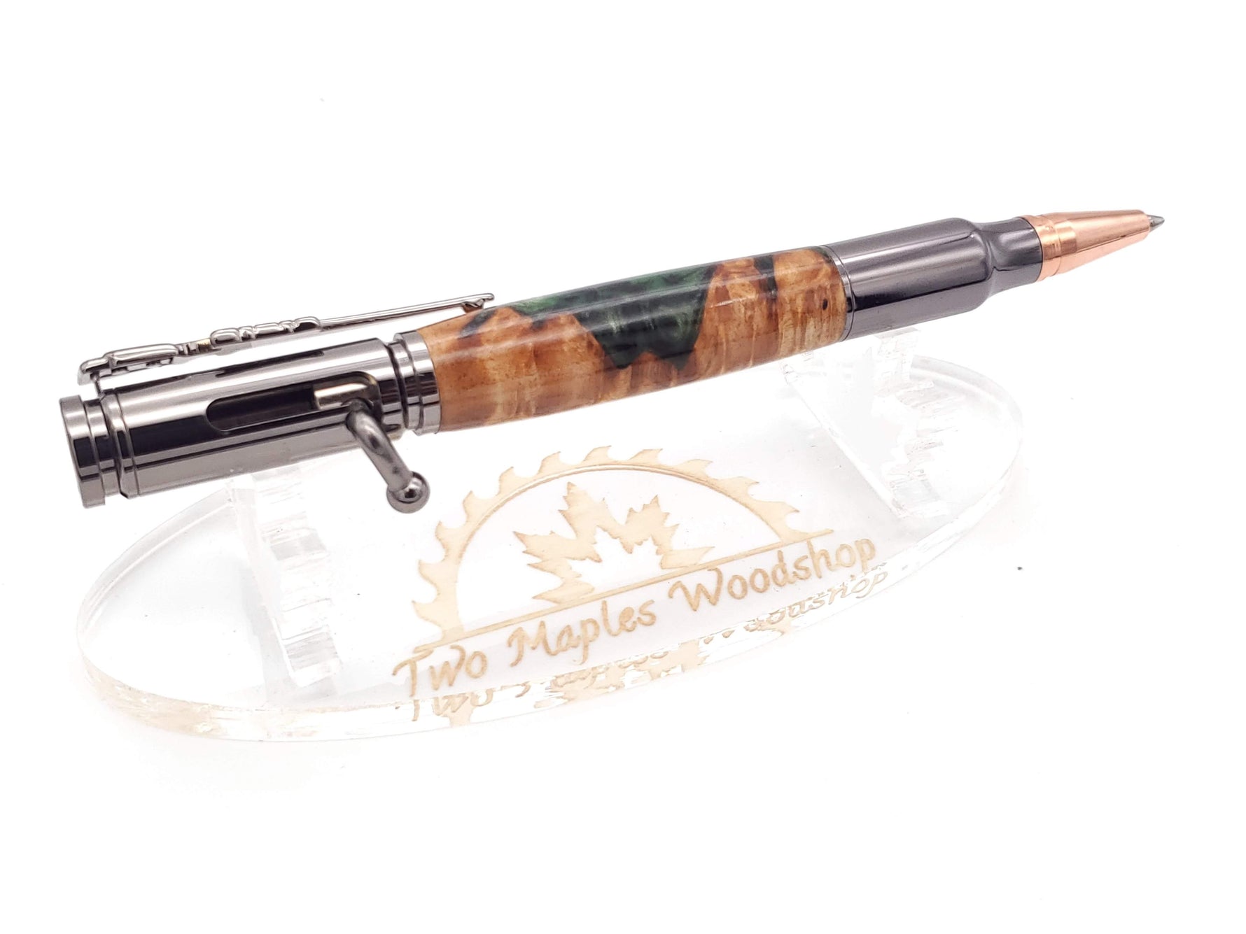 Maple Burl & Green Resin Bolt Action Ballpoint Pen image 4