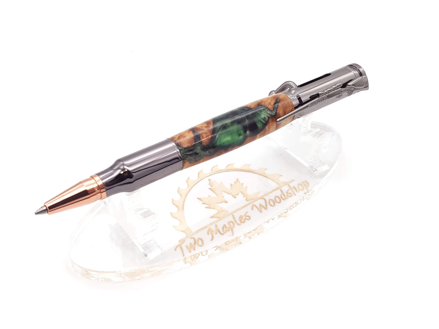 Maple Burl & Green Resin Bolt Action Ballpoint Pen image 0