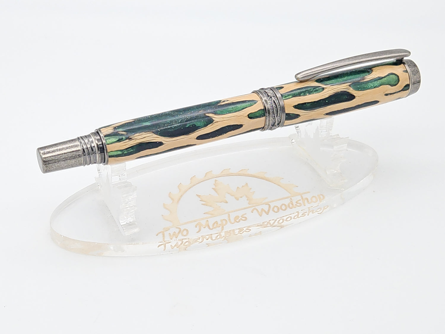 Cholla Cactus in Green Resin Rollerball in Antique Silver Finish
