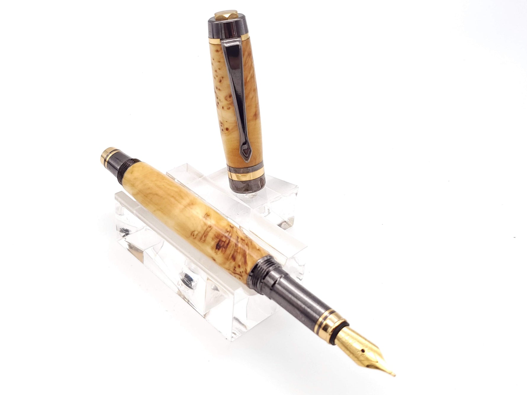 Classic Elite2 24k Gold & Gun Metal Fountain Pen | Yellow Cedar Burl Hardwood image 8