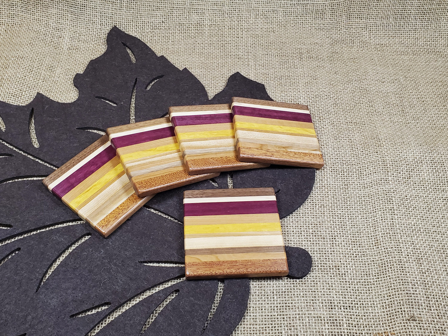 5pc Coaster Set- Cherry, Walnut, Maple, Mahogany, Purpleheart & Yellowheart image 1