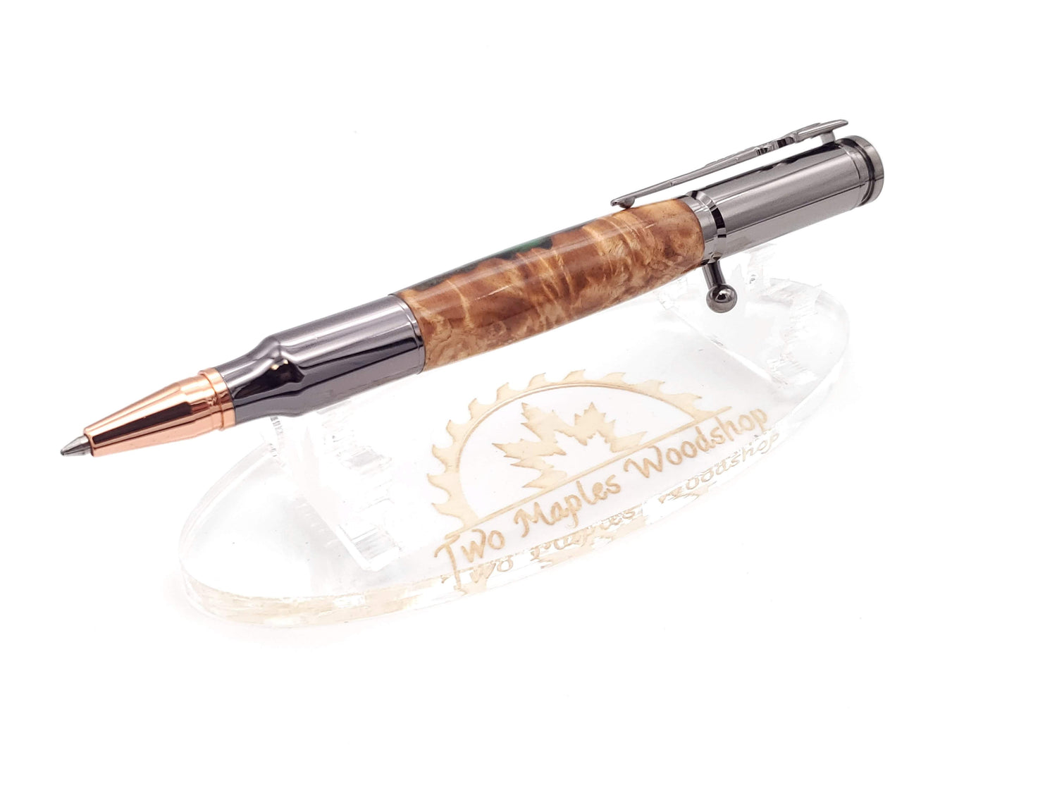 Maple Burl & Green Resin Bolt Action Ballpoint Pen image 2