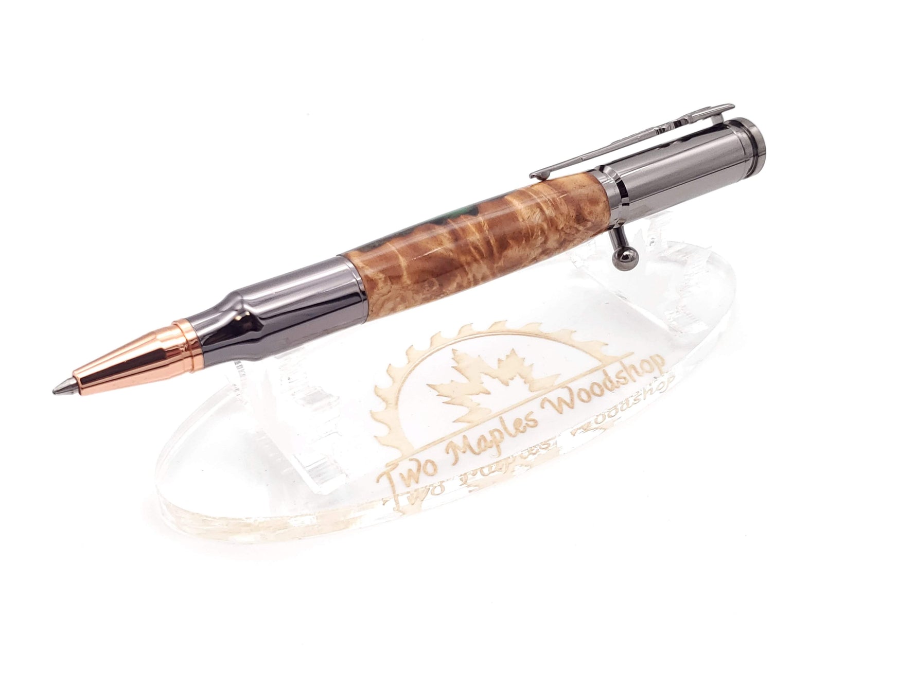 Maple Burl & Green Resin Bolt Action Ballpoint Pen image 2