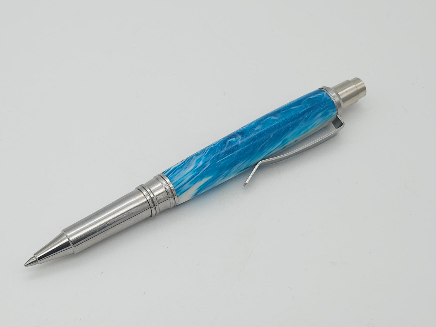 Coyote Click Stainless Steel Ballpoint wrapped in Diamondcast Ocean Blue & White image 2