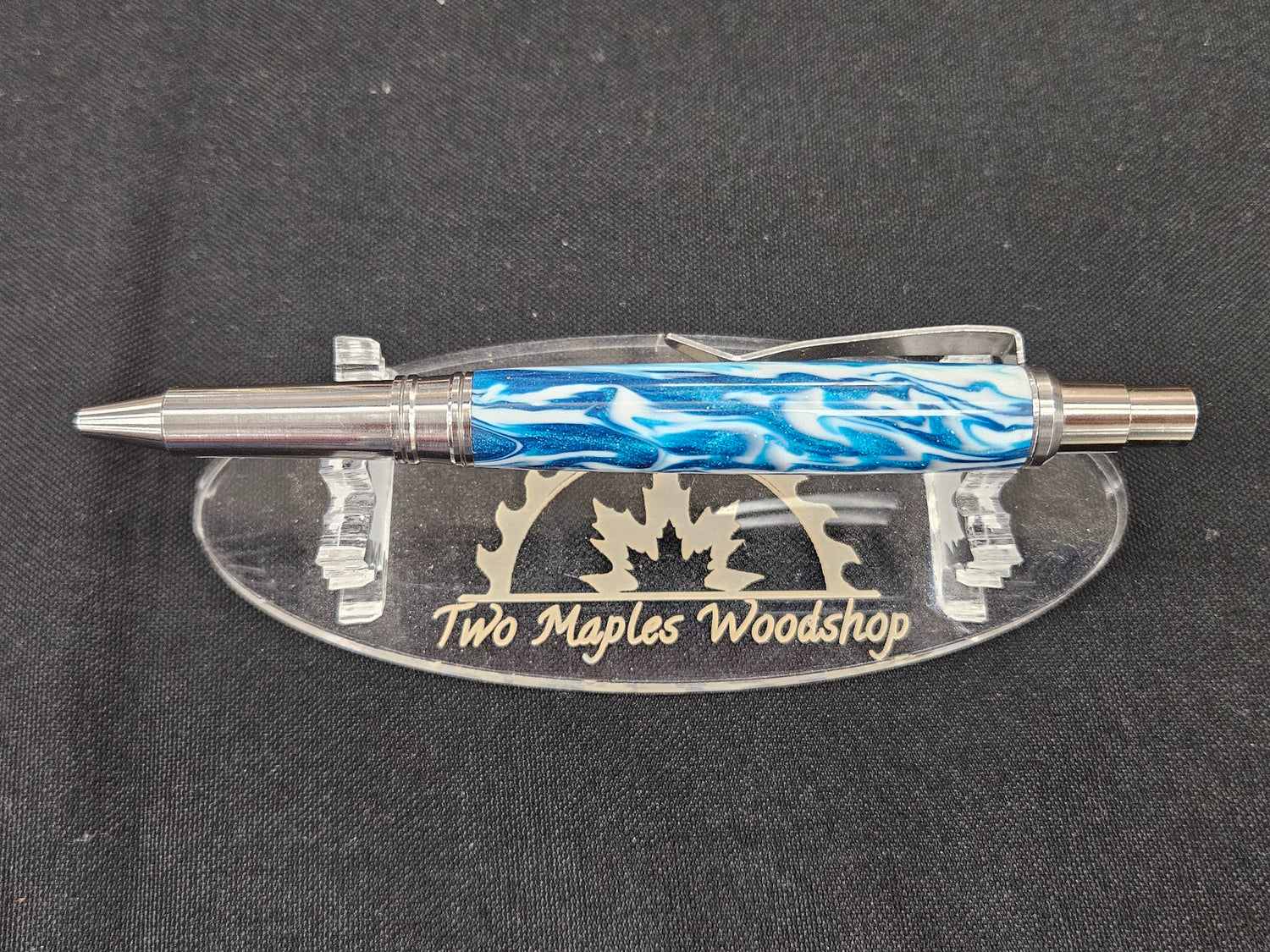 Coyote Click Stainless Steel Ballpoint wrapped in Diamondcast Ocean Blue & White image 1